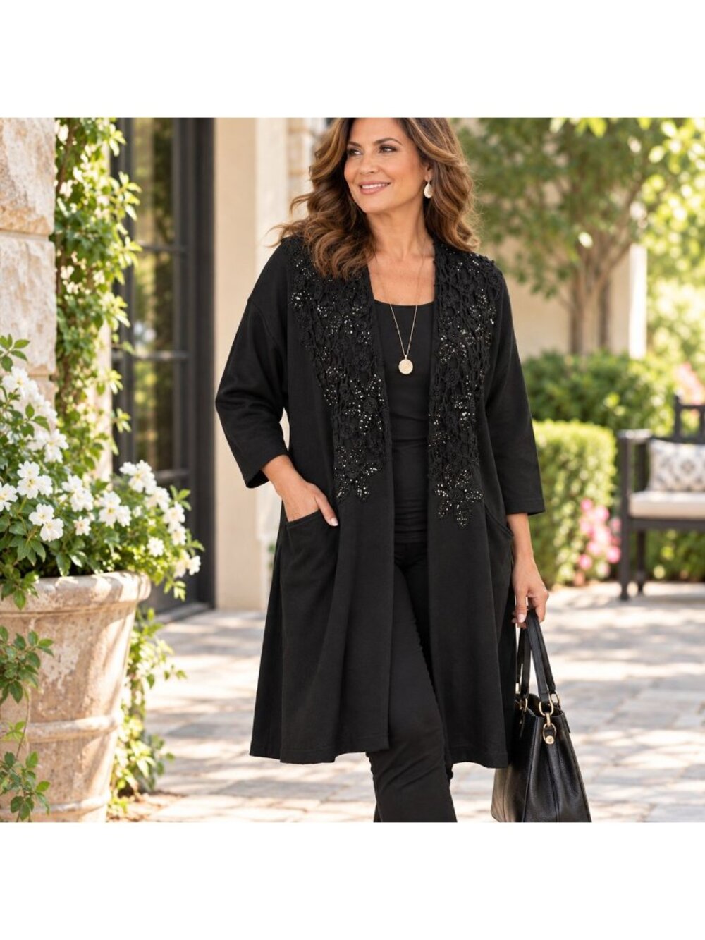 Women Med Black Crocheted Floral Sequin Open-Front Long Cardigan Coat Cotton USA